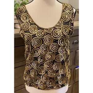 Vintage SpellBound 100% SILK Beaded SEQUINS Tank Top Black Gold Swirl M Party